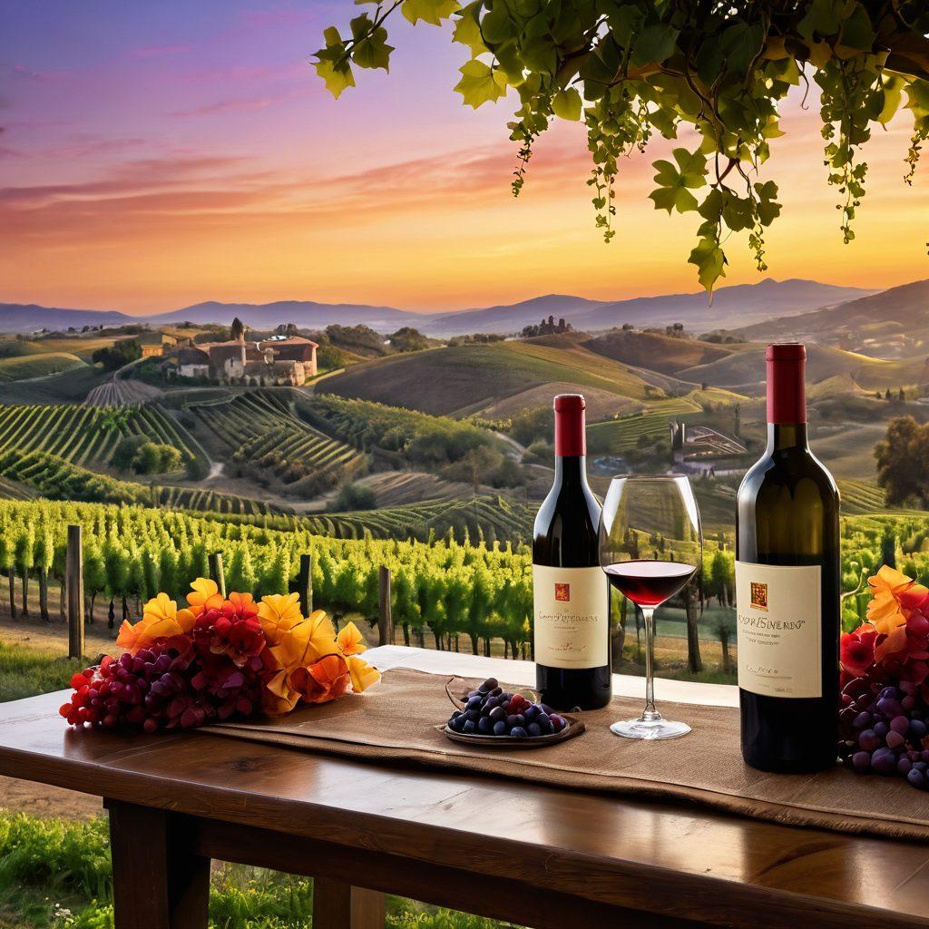A stunning vineyard landscape at sunset, showcasing rolling hills of grapevines with a luxurious villa overlooking the scenery. Elegant wine glasses and a bottle placed on a rustic table, surrounded by blooming flowers. The sky filled with warm, golden hues reflecting on the wine, suggesting indulgence and relaxation. Capture a tranquil atmosphere that embodies the essence of fine wines and luxurious living. super-realistic. vibrant colors. atmospheric lighting.