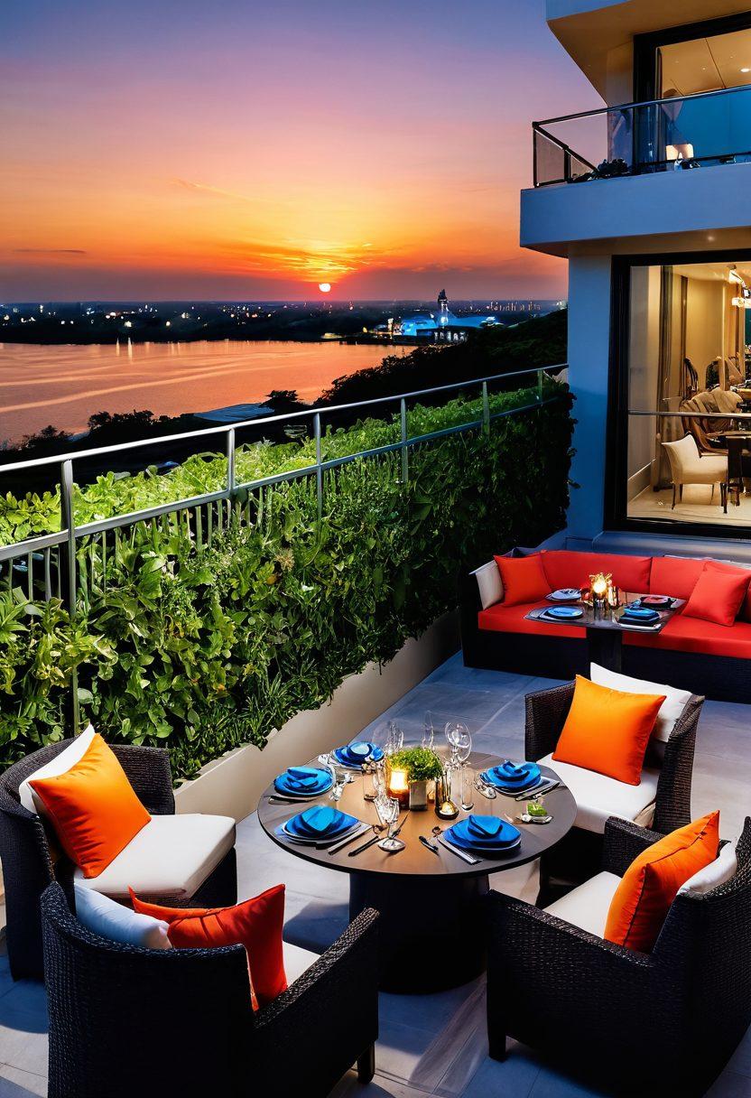 A luxurious rooftop terrace at Atlantis Condos featuring elegantly set tables with fine wine glasses, a stunning sunset on the horizon, plush seating adorned with vibrant cushions, and lush greenery surrounding the area. Capture the essence of upscale living with a touch of sophistication and indulgence. super-realistic. vibrant colors. sunset lighting.