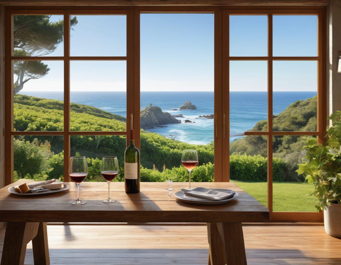 A serene oceanfront scene showcasing luxurious properties with large windows overlooking the sea, paired with a rustic wooden table set for wine tasting featuring elegant wine glasses and a bottle of premium wine. Bright sunlight glistening on gentle waves, and vibrant coastal vegetation in the foreground. The atmosphere should evoke relaxation and indulgence, highlighting the connection between real estate and fine wine culture. super-realistic. vibrant colors. 3D.